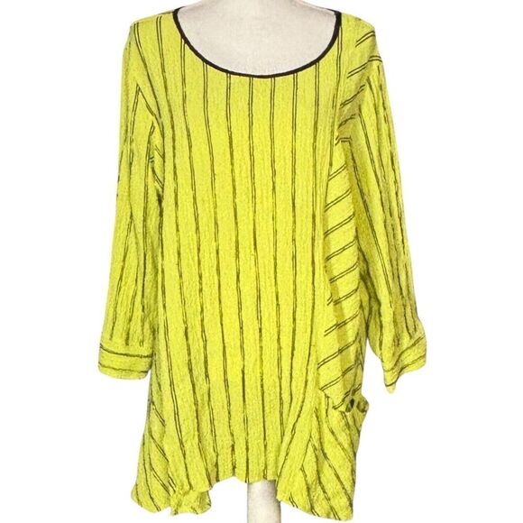 Ali Miles Tunic Size 1X Striped Yellow Artsy Pocket Button Lagenlook Corpcore - Picture 9 of 10
